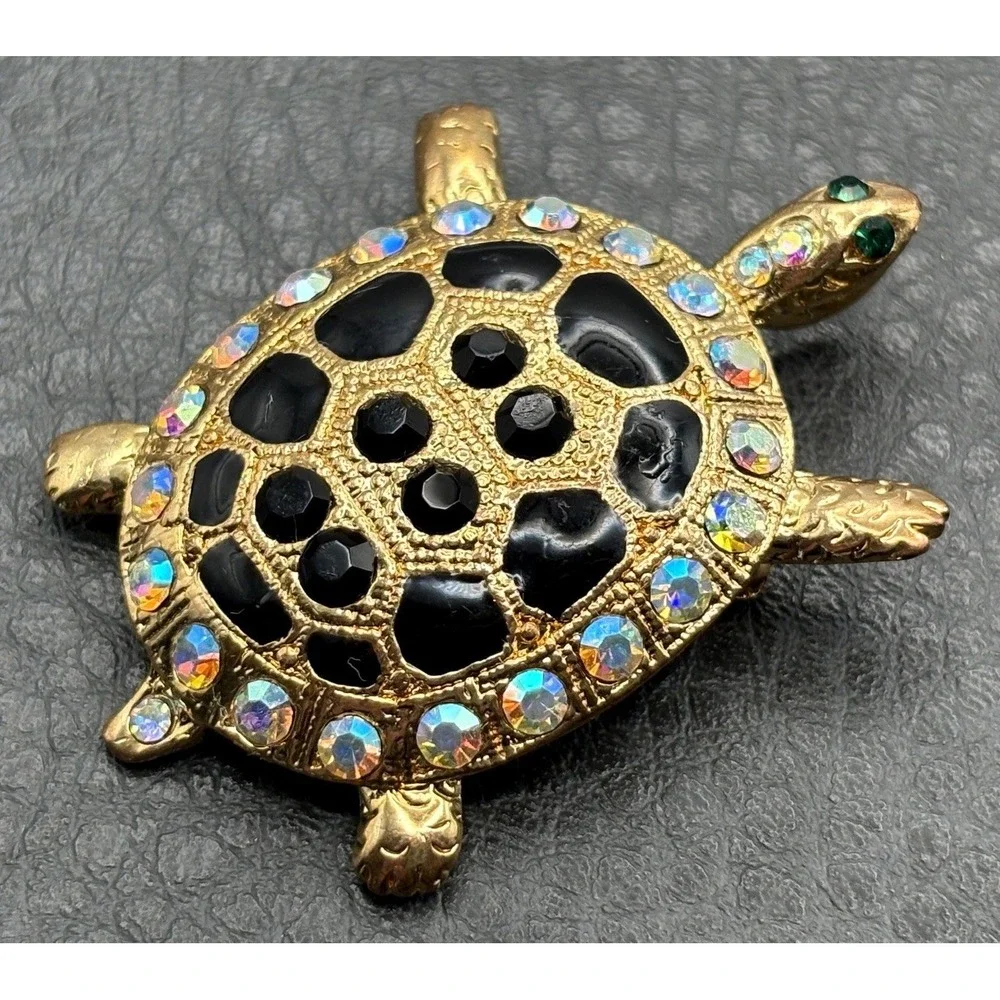 Rhinestone Turtle Pendant Brooch Black AB Aurora Borealis Crystal Gold Tone